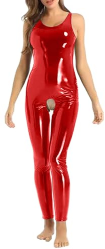 Duohropke Damen Wetlook Body Ouvert Hose Frauen Latex Catsuit Lack Leder Overall Jumpsuit Lange Ärmel Hot Pants Sexy Dessous Bodysuit Clubwear