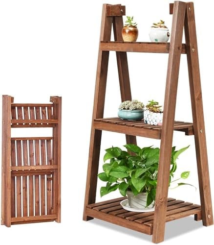 SPOTRAVEL 3 Tier Folding Plant Stand, Wooden Ladder Stand Garden Flower Shelf, Indoor Outdoor Flower Pot Rack for Home Garden Backyard Balcony (Dark Brown, 45 x 38 x 95cm)