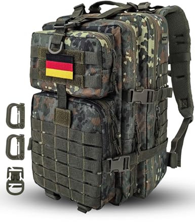Hannibal Tactical 40L MOLLE Assault Backpack, Tactical Backpack Military Army Camping Rucksack, 3-Day Pack Trip w/USA Flag Patch, D-Rings, Flecktarn
