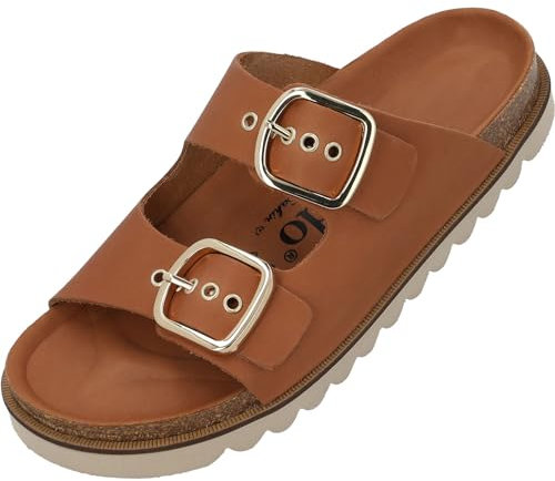 Palado Pantoletten Damen Korfu Niete by Sila Sahin - gefertigt in Spanien - elegante Oberfläche - Veloursleder-Decksohle - ergonomisches Weichfußbett - EVA-Sohle Braun UK4,5 - EU37