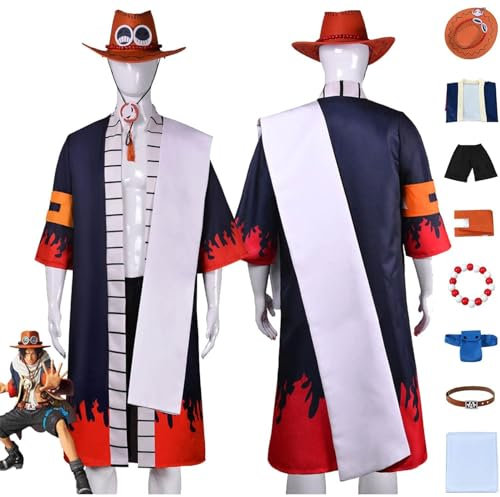 GeRRiT Anime One Piece Portgas D Ace Cosplay Costume Outfit Wano Country Kinono Full Set Halloween Party Carnival Uniform Dress Suit with Bracelets Hat For Unisex Adult