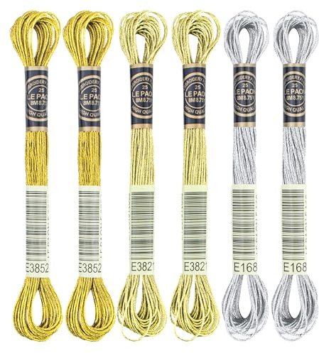 Set di 6 matasse di filo da ricamo, 3 colori metallizzati, filo da ricamo in poliestere per punto croce per ricamo a mano, String Art