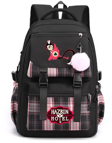 LKY STAR Teenager Hazbin Hotel Rucksack Damen Mädchen für Reisen Schule Daypacks mit Haarballen Anhänger Checkered Colorblocking Schulranzen Daypacks