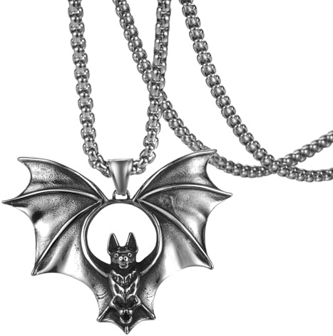 JewelryWe Gothic Halskette Herren Punk Rock Große Spinne Fledermaus Anhänger Kette Edelstahl Vintage Reptil Tier Halskette Retro Silber Schmuck für Halloween Karneval Party Hexe Vampir Kostüm