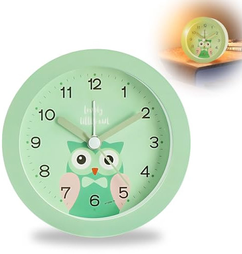 Idota Kinderwecker für Mädchen Jungen, Lernwecker Kinder Ohne Ticken Wecker Kinder Analog mit Sanfter Weckklingelton Tragbarer Wecker mit Nachtlicht für Reisen Camping - Grün Eule
