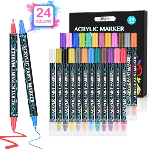 Tesmien Acrylic Paint Pens for Rock Painting, 24 Colors Dual Tip 1-5mm Waterproof Colouring Pens for Kids Adults Drawing, Acrylic Paint Markers for Rocks, Wood, Glass, Fabric, Stone & Canvas