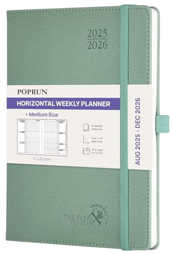 POPRUN Kalender 2025 2026 Horizontale Wochenplaner (Aug.2025-Dez.2026) – ca.A5 Terminkalender mit PU-Leder, 17-Monats-Organizer,1 Woche 2 Seite, stabilem Hardcover, Mitternachtsgrün
