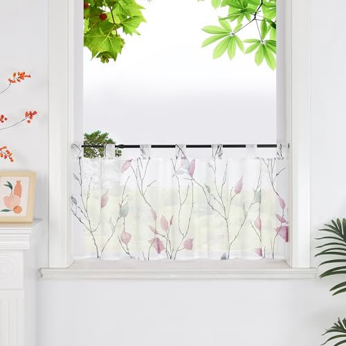 HeichkelL Scheibengardine Bistrogardine mit Blätter Transparente Gardine Kurzstores Bedruckt Scheibenvorhang mit Schlaufen Violett HxB 60x90 cm