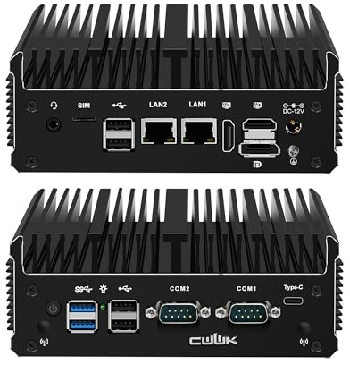 CWWK Mini PC Fanless, Celeron J6412 Industrial Mini Computer with 2x COM RS232/RS485 Port, 2x i226-V 2.5GbE LAN C1 Micro PC 32GB RAM 512GB SSD, 3-Display, USB-C, WiFi/BT