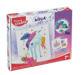 cavernedesjouets Kit peinture aquarelle - aqua art licorne magique, 3 tableaux metallises - crayons, pinceau eau - set jeu creatif enfant avec carte