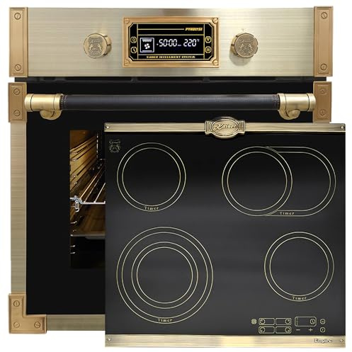 Kaiser Pyrolyse Backofen EH 6427 AD+KCT 6185 IEm, Retro Pyrolyse Einbau Backofen 73L cm+ Glaskeramikkochfeld, Retro Glaskeramikkochfeld, Metallplatten Bronze, 4 QickHeat