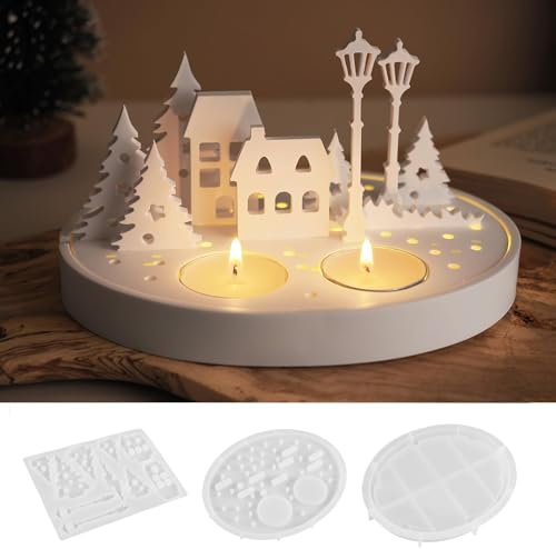 Skeadex Silikonformen Gießformen Häuser, 3 Stück 3D Silikonform Haus Silikonform Baum Kerzenhalter Gießform Haus Giessform Silikon Silikonform Häuser Silikonformen Haus Gips zum Gießen für DIY (J)