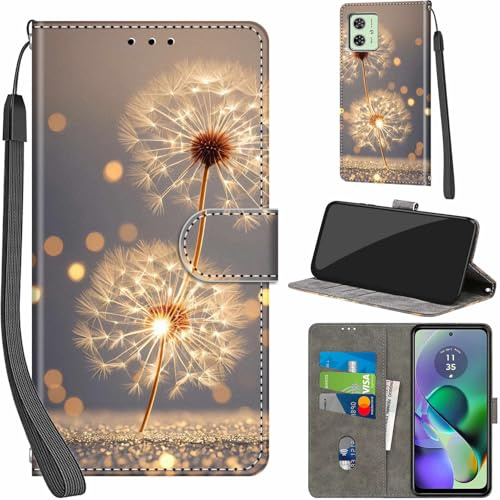 Handyhülle für Motorola Moto G54 5G Klapphülle Leder Wallet Löwenzahn | 3 Kartenfächer & 1 Geldfach, Magnetverschluss, Ständerfunktion, robuste premium PU leder klapphülle für Moto G54 Power