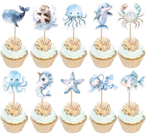 Xsstarmi 40 Pack Under The Sea Theme Cupcake Toppers Jellyfish Starfish Whale Cupcake Picks Crab Seahorse Diver Cake Decorations for Ocean Sea Animal Baby Shower Wedding Birthday Party Supplies