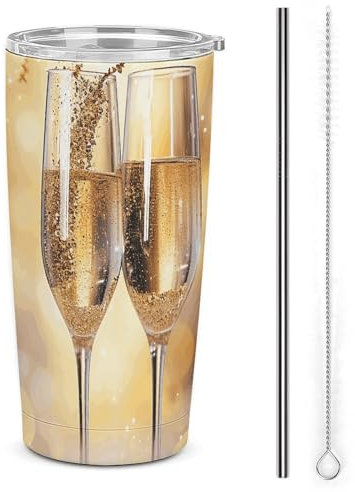 Coffee Cups with Lids Car Cup Stanley Cup Tumble Sealed Double Drinking Lid Stainless Steel Straw Two Glasses of Champagne Printed Mugs Fits in Car Cup Holder (20 OZ)