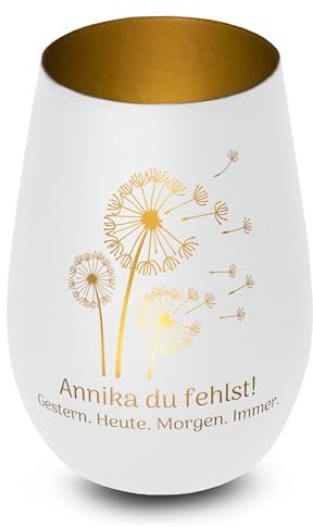 Elegantes personalisiertes Windlicht aus Glas in Weiß-Gold Pusteblume Gedenklicht für Verstorbene mit Gravur, Geschenk für Trauernde - Trauerlicht personalisiert mit Namen