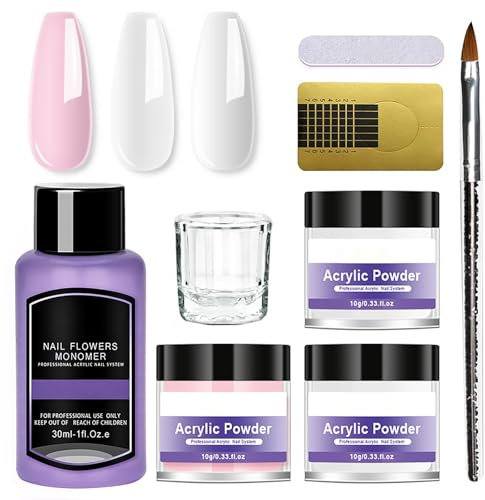 Nail Kit - 3 Color Powder Set for Nail Extension, with Brush Set - Pink, White, Clear - Nail Carving & Long-Lasting Results