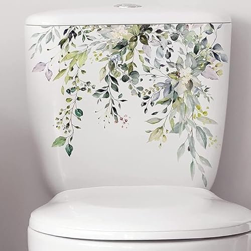 Green Plant Leaves Flowers Toilet Seat Lid Stickers Self-Adhesive Bathroom Wall Stickers Green Leaf Floral DIY Removable Waterproof Toilet Sticker for Bathroom Cistern Decor,Toilet Accessories Toilet