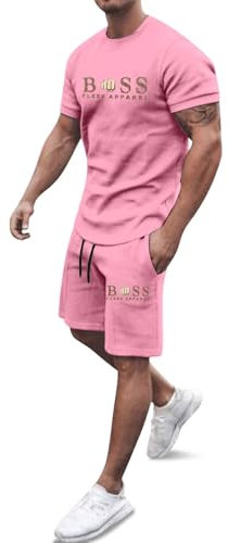 Tuta da allenamento da uomo, 2 pezzi, comoda, estiva, oversize, sport, in due pezzi, per il fitness, casual, a maniche corte + pantaloni corti, set per il tempo libero, A09-Rosa, M