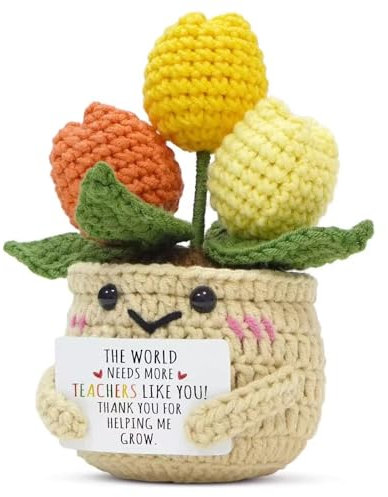 Emotional Support Gift, Emotional Support Plant Mini Handmade Positive Tulip Flowers Crochet with Message Card Teachers Day Graduation End of The Year Birthday Christmas Thank You Gifts for Teachers