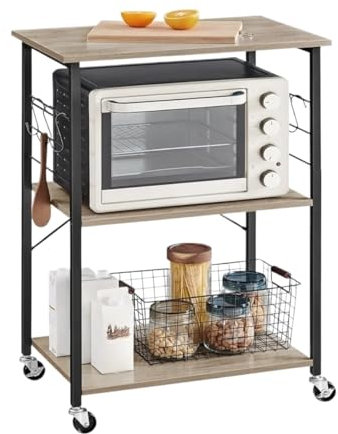 ZIGUIhsou-11 Kitchen Island Trolley Kitchen Cart with 3 Shelves, for Mini Oven, Toaster, with 6 Hooks, Industrial Style, Greige, 15.7 x 23.6 x 35 Inches Rolling kitchen cart