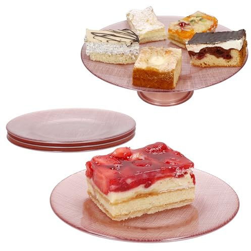 MamboCat Camino 5tlg Tortenplatten-Set Rosa | 1x Tortenständer Ø32,5cm & 4x Dessertteller Ø21cm aus strukturiertem Glas | für 4 Personen | Kuchenplatte & Kuchenteller