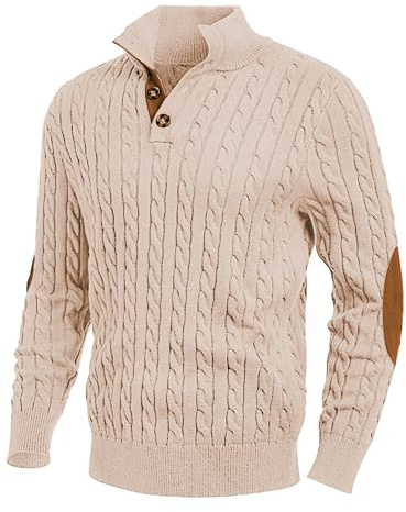JMIERR Herren Pullover mit Zopfmuster Stehkragen, Beige XXL