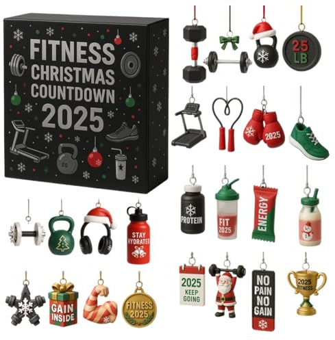 Fitnessstudio-Adventskalender 2025, 24-tägiger Fitness- Und Workout-Weihnachtskalender, Weihnachtsbaumschmuck Mit Trainingsgeräten Und 2D-Acryl-Fitness-Workout-Anhänger, Für Fitnessbegeisterte