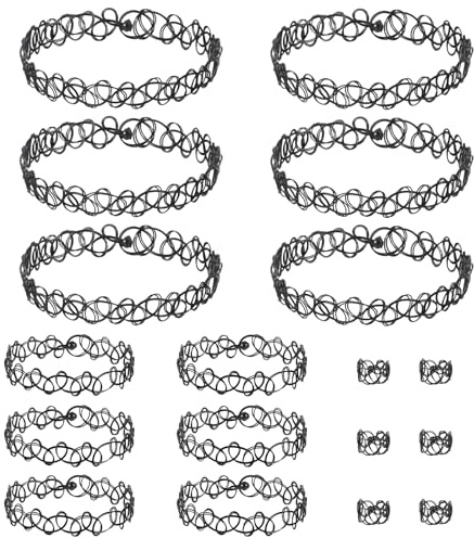 LIQWEI 18 Stück Schwarz Halsketten-Set, Elastische Tattoo-Halsband Ringe Armbänder Jeweils 6Stück, Schwarze Choker Kette Damen 90er Jahre Style Gothic Punk Schmuck Set