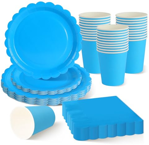 ZblPyro 120pcs Sky Blue Party Plates Cups and Napkins for 30 Guests | 7-inch & 9-inch scalloped plates, cups, napkins, baby shower for boy, naming ceremony, summer party