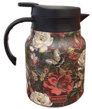 Isolierkanne - 1000ml Blumenmuster | Edelstahl | Stainless Steel Tea | Kettle with Infuser | Doppelwandige Thermoskanne für Heißgetränke | Retro Teebereiter ffür Büro Küche Blau Gelb