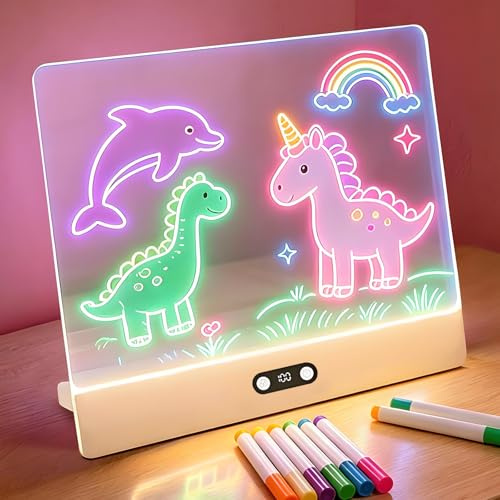 Anmossi Planche à dessin LED,Tableau lumineux LED Enfants Rechargeable,35 x 26 cm,8 Couleurs et 3 Modes,Tablette lumineuse Dessin Enfant avec Support Intégré,Cadeau Créatif pour Enfants-Blanc
