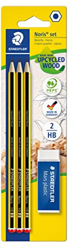 STAEDTLER Bleistifte-Set Noris 120, Made from Upcycled Wood, Härtegrad HB, 3 x Bleistifte und 1 x Mars Plastic Radierer, hohe Qualität Made in Germany, 120 R BK3D
