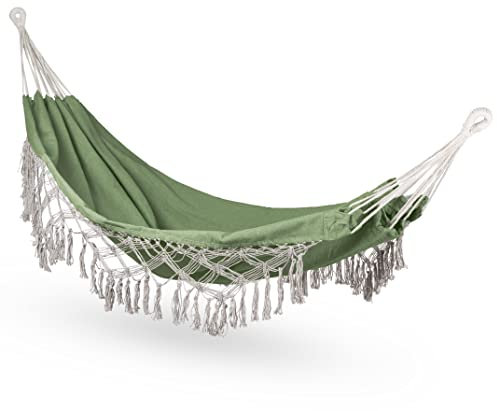 Outtec Hängematte 200x150cm, Bis 200 kg, Für 1-2 Personen, Aus Baumwolle, Boho Möbel für Garten, Balkon, Terrasse, Atmungsaktiv für Kinder und Erwachsene, Khaki