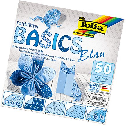folia 464/2020 - Faltblätter Basics blau 20 x 20 cm, 80 g/qm, 50 Blatt sortiert in 5 Motiven - ideal für wunderschöne Faltfiguren und -formen