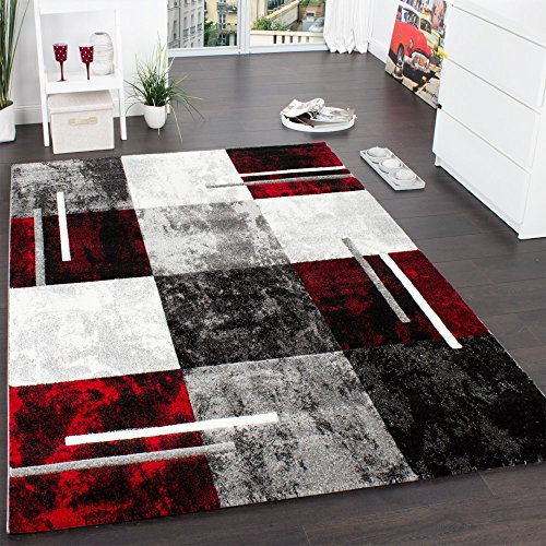 Paco Home Designer Teppich Modern mit Konturenschnitt Karo Muster Grau Schwarz Rot, Grösse:80x150 cm