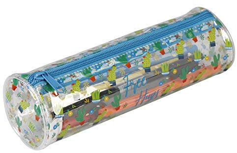 Clairefontaine - Ref 420011C - Fancy Transparent Round Pencil Case - 7 x 22cm, Made From Polypropylene, Metal Zip With Leather Puller - Cactus Print Design
