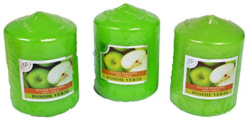 Set of 3 Large Scented Votive Candles, Anti-Tobacco, Candles for Home Decoration and to Create an Atmosphere Green Apple Fragrance 7.5 x 10 cm Long Lasting 40 Hours