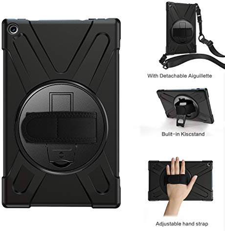 ZiHang Funda Amazon Fire HD 10 2019/2018/2017, Híbrido Tres Capas Funda Carcasa Protector con Correa de Bandolera y Mano, 360 Rotación Kickstand para Amazon Fire HD 10 2019/2018/2017 (Negro)