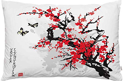 EKOBLA Kissenbezug mit japanischen Blumen, Kirschzweig, Blütenbaum, Schmetterlinge, Tierfarbe, Dekoration, Lendenwirbelkissen, Kissen für Sofa, Couch, Standardgröße, Queen-Size-Größe 50.8 x 76.2 cm