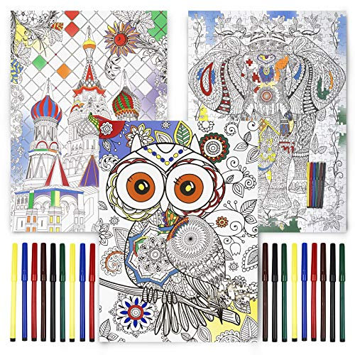 THE TWIDDLERS 3X 500-teiliges Puzzle zum Ausmalen mit 6 Farbstifte, 70x50cm - Anti-Stress Aktivität, Geschenk, Basteln für Ältere Kinder & Erwachsene