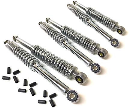 6x Stoßdämpfer 340mm Chrom Tieferlegung Set passend für Simson Duo, 5-fach verstellbar, inkl. Reduzierhülsen