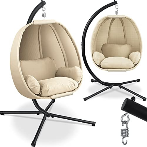 KESSER® Luxe Hängesessel mit Gestell + weiches Sitzkissen und Abdeckung, Seitenpolsterung, Rückenkissen Hängekorb Indoor & Outdoor, Garten Schaukel Hängestuhl Stabiler Standfuß, max. 150 kg Beige