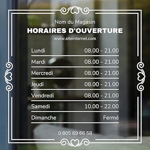 Autocollant sticker horaires vitrine magasin personnalisé - Design 3