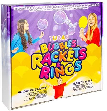 TUBAN Seifenblasen Set - Seifenblasen-Raketen und Ringe – 250 ml Seifenblasenflüssigkeit, 2 Ringe zum Seifenblasenblasen, Teller, 2 Aufsätze zum Erstellen von Raketen zum Abprallen Blasen, Rohr