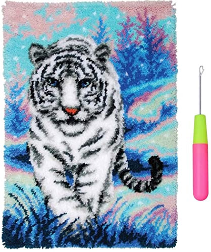 GUARDUU Knüpfen Knüpfteppich Mit Farbig Bedruckter Leinwand, DIY-Häkelgarn-Kits Mit Vorgeschnittenen Garnen, Unvollendet Knüpfkissen Kits Für Die Fußmatte Zu Hause, Tiger,110x78cm/ 43.3x30.7