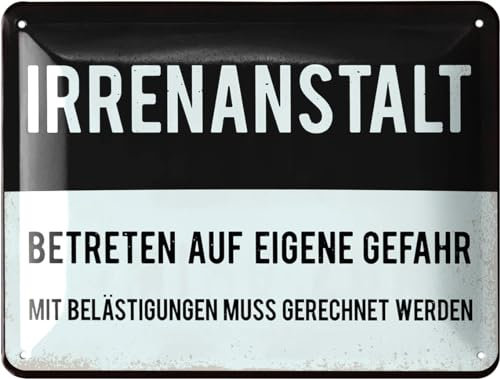 LANOLU Retro Blechschilder Sprüche lustig - IRRENANSTALT Schild für Tür, Flur und Küche - vintage Metallschild Irrenhaus als Geschenk Büro Deko und Werkstatt Schild - aus Metall, 15x20cm