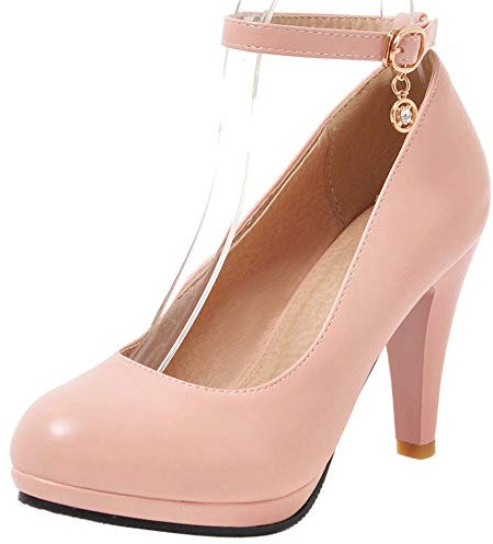 Escarpins Habillés Femme, Escarpins Cônique Elegant Chaussures de Mariage Talons Hauts Bout Rond Bride Cheville avec Plateforme Boucle Rose Taille 45 EU