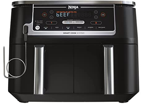 Ninja DZ550 Foodi - Freidora de aire 6 en 1 DualZone Smart XL de 10 cuartos de galón con 2 cestas independientes, termómetro de cocina inteligente para una cocción perfecta, combina cocción y acabado