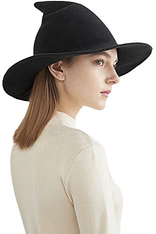 Hexenhut Halloween Spitzhut Faltbar Hexenmütze mit Krempe Zaubererhut Spire Wollemütze Damen Mädchen Kopfbedeckung Hexe Deko Halloween Kostüm Hut für Halloween Party Cosplay Fasching
